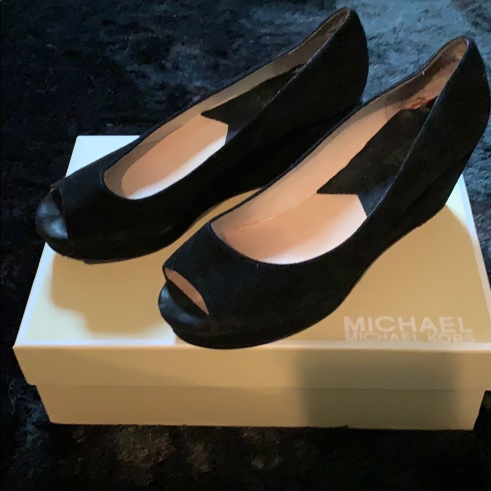 Michaels Kors black suede wedges with open toe